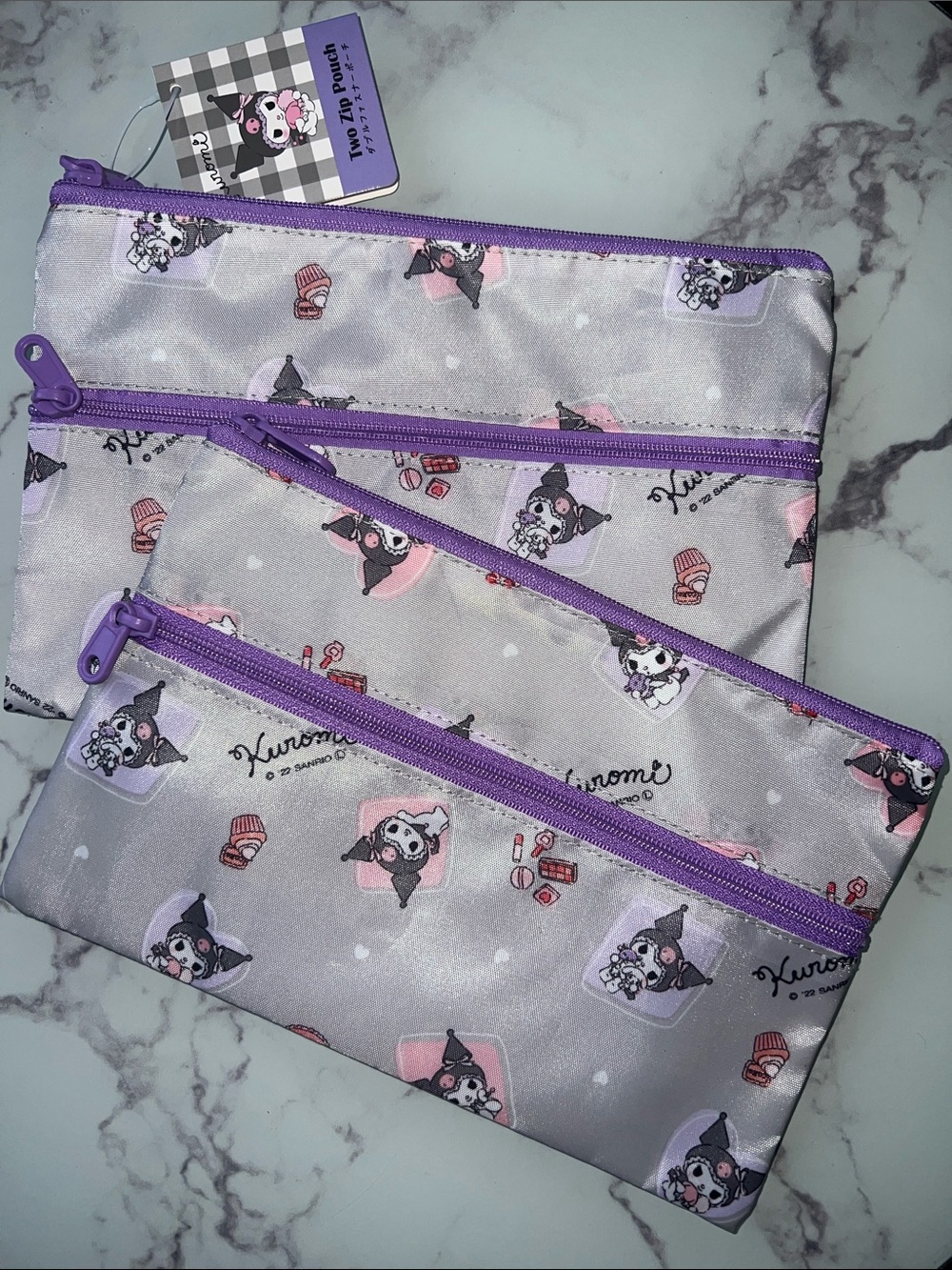 Double Zipper Pencil Pouches in Light Gray with Purple Accents
